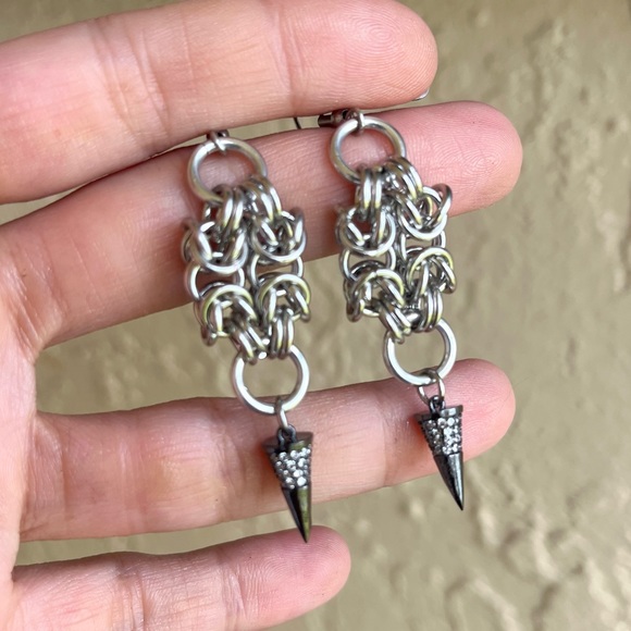 Handmade maille cz black spike dangly stainless steel earrings boho goth silver - Picture 5 of 13